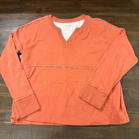 Wonderly Studio Tops - Wonderly Top M Orange Raw Seam Split Neck Long Sleeve Slub Knit Pullover